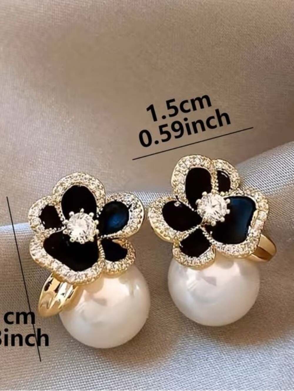 Gold Floral Pearl Drop Earrings with Navy and White Accents - Picture 4 of 4